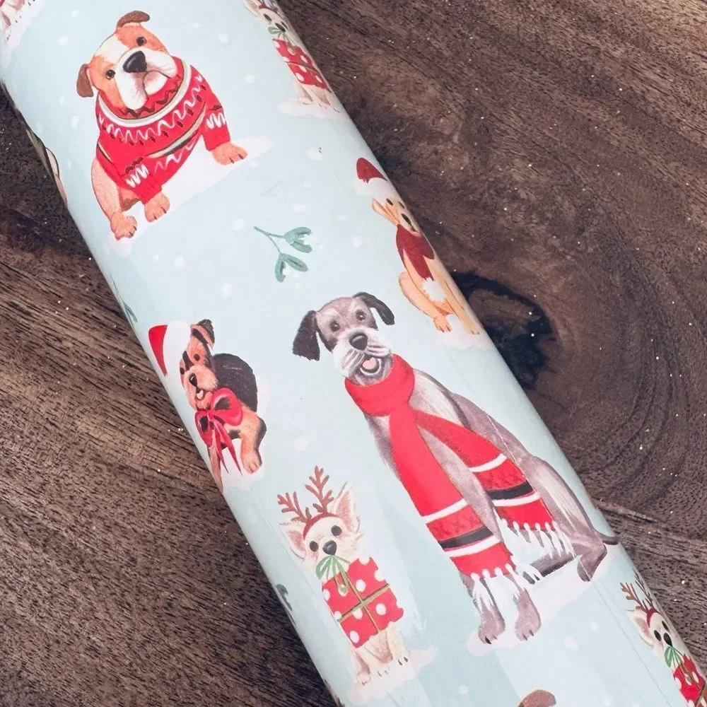 Christmas Holiday Dog Print Blue Gift Wrap Wrapping Paper Roll